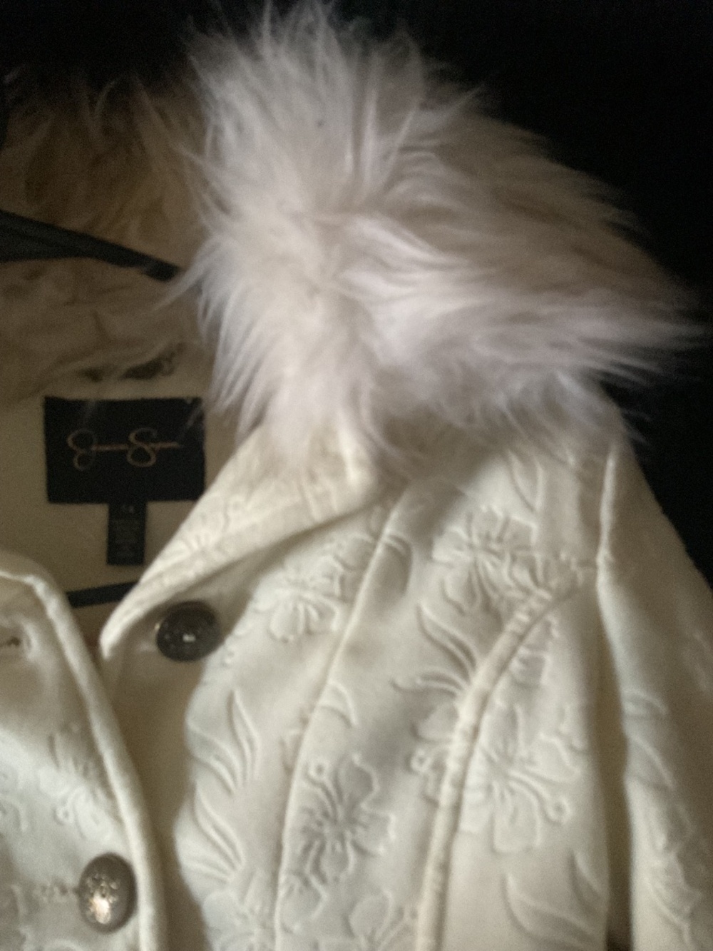 Ivory Floral Embossed Winter Coat Faux Fur Hood